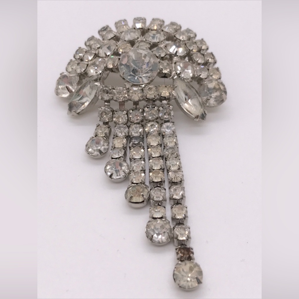 Large Rhinestone Waterfall Brooch 1940s 3” Rhodium Plated Vintage Pin